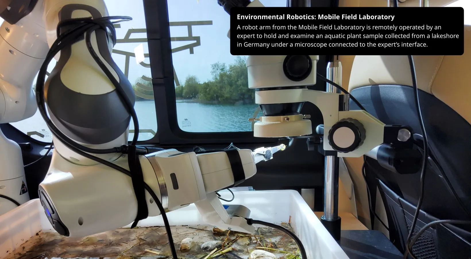 Environmental robotics: Mobile Field Laboratory. A robot arm from the Mobile Field Laboratory is remotely operated by an expert to hold and examine an aquatic plant sample collected from a lakeshore in Germany under a microscope connected to the expert’s interface.